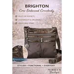 Brighton Croc Embossed Nylon Crossbody Bag Multi Zip Brown